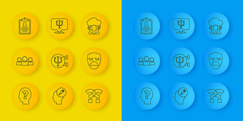 Poster - Set line Head with question mark, Users group, Psychology, Psi, Question, Drama theatrical mask, Medical clipboard, Depression and icon. Vector