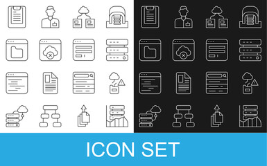 Poster - Set line Server, Data, Web Hosting, Cloud technology data transfer, Failed access cloud storage, Browser files, report and window icon. Vector