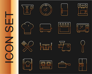 Sticker - Set line Refrigerator, Spoon, Microwave oven, Toaster, Chef hat, Measuring cup and Oven icon. Vector