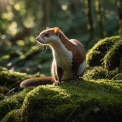 Wall Mural - A graceful weasel perched on a moss-covered rock in a lush forest, with sunlight filtering through the trees.