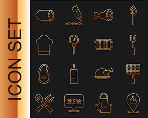 Sticker - Set line Location with fire flame, Barbecue steel grid, spatula, Chicken leg, Kitchen thermometer, Chef hat, Salami sausage and grill icon. Vector