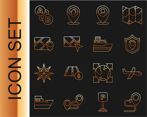 Poster - set line route location, plane, location shield, with person, city map navigation, infographic of ci