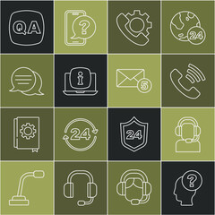 Poster - Set line Head with question mark, Man headset, Telephone 24 hours support, Laptop information, Speech bubble chat, Question and Answer and New, email incoming message icon. Vector