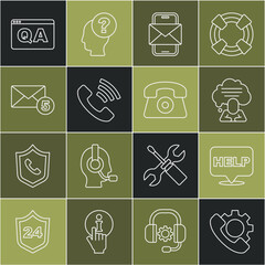 Poster - set line telephone 24 hours support, speech bubble with text help, chat, mobile and envelope, new, e