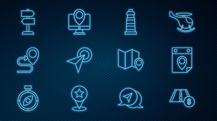 Poster - set line toll road traffic sign, travel planning calendar, lighthouse, infographic of city map navig