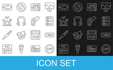 Poster - Set line EDM electronic dance music, Record button, Music playlist, Vinyl player with vinyl disk, Headphones, Drums, wave equalizer and Stereo speaker icon. Vector