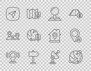 Poster - set line map pin, satellites orbiting the earth, folded map with location marker, road traffic sign,