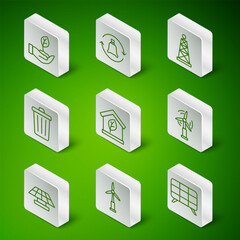 Poster - Set line Solar energy panel, Wind turbine, Plant hand, Eco friendly house, Trash can, Garbage bag with recycle, and icon. Vector