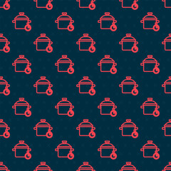 Poster - red line cooking pot icon isolated seamless pattern on black background. boil or stew food symbol. v