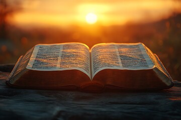 An old open book illuminated by the golden light of sunrise or sunset