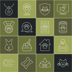 Wall Mural - Set line Cat, Dog collar with bone, Canned food, Animal health insurance, Paw print, Pet award symbol, Collar name tag and Bag of for pet icon. Vector