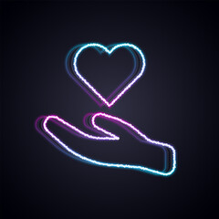 Poster - Glowing neon line Heart in hand icon isolated on black background. Hand giving love symbol. Valentines day symbol. Vector
