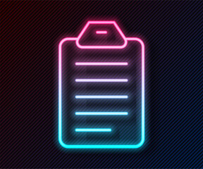 Poster - Glowing neon line To do list or planning icon isolated on black background. Vector