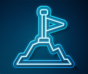 Poster - Glowing neon line Mountains with flag on top icon isolated on blue background. Symbol of victory or success concept. Goal achievement. Vector
