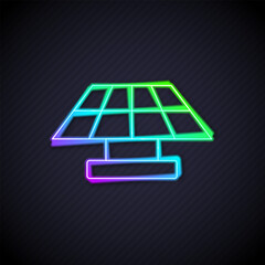Poster - Glowing neon line Solar energy panel icon isolated on black background. Vector