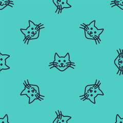 Wall Mural - Black line Cat icon isolated seamless pattern on green background. Vector