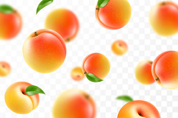 Wall Mural - flying ripe apricot. bright advertising background falling juicy sweet peach, realistic illustration