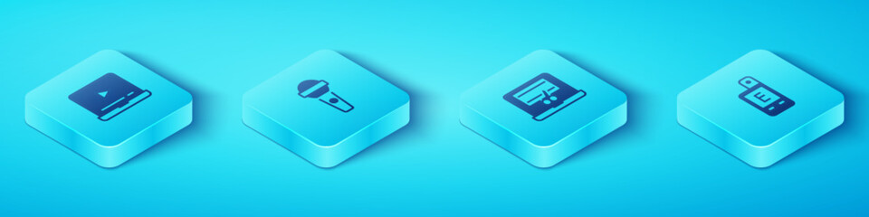 Poster - Set Isometric Online play video, Microphone, Light meter and Video recorder laptop icon. Vector