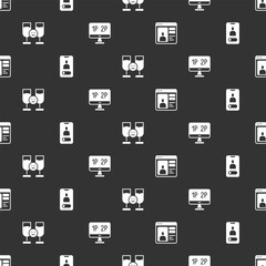 Poster - Set Dating app online, Incoming call mobile, Friends drinking alcohol and Computer monitor screen on seamless pattern. Vector