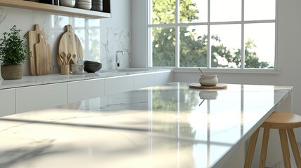 Wall Mural - a modern kitchen interior with a marble countertop and white cabinets, wood accessories on the countertop, and natural light from the window