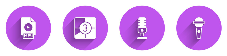 Poster - set mp4 file document, old film movie countdown frame, microphone and icon with long shadow. vector