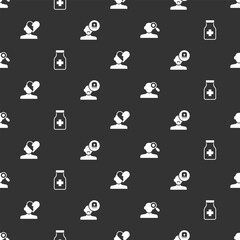 Poster - Set Finding a problem in psychology, Sedative pills, Broken heart or divorce and Male doctor on seamless pattern. Vector