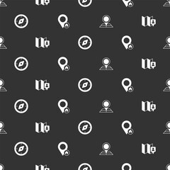 Poster - set folded map with location marker, compass and location house on seamless pattern. vector