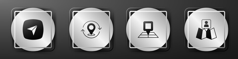 Poster - set city map navigation, map pin, folded with location marker and icon. silver square button. vector