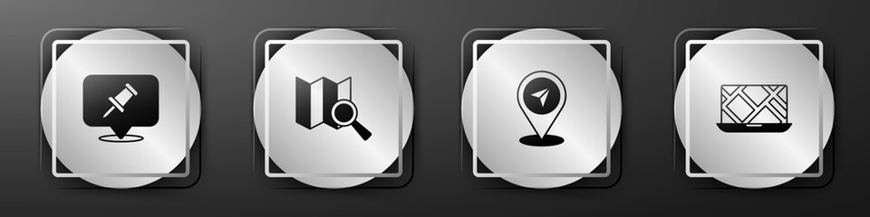 Poster - set push pin, search location, map and city map navigation icon. silver square button. vector