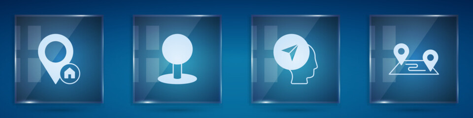 Poster - set location with house, push pin, map marker human and route location. square glass panels. vector