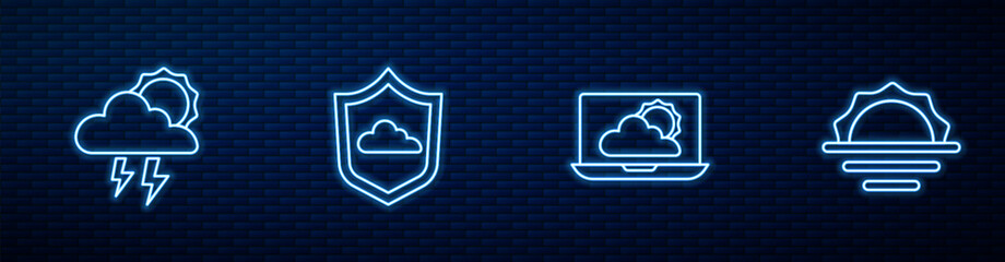 Poster - Set line Weather forecast, Storm, and Sunrise. Glowing neon icon on brick wall. Vector
