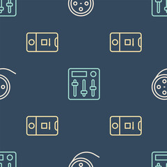 Poster - Set line Film reel, Photo and video shooting and Sound mixer controller on seamless pattern. Vector