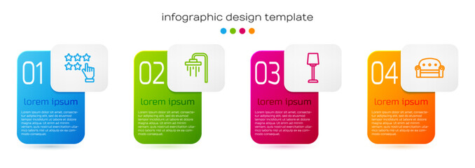 Poster - Set line Stars rating, Shower, Table lamp and Sofa. Business infographic template. Vector