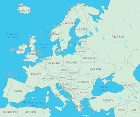  Europe map displaying countries, boundaries, and key landmarks across the continent