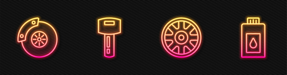 Poster - Set line Alloy wheel for car, Car brake disk with caliper, key remote and Canister motor machine oil. Glowing neon icon. Vector