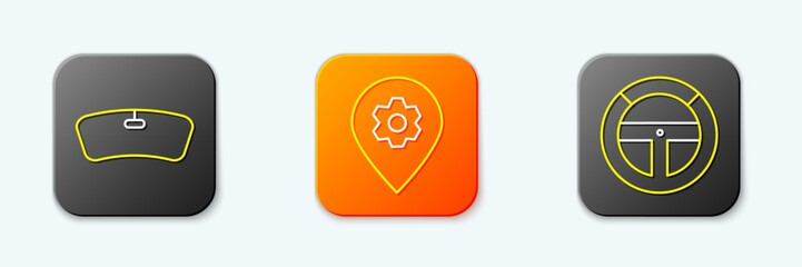 Poster - Set line Windshield, Location with car service and Steering wheel icon. Vector