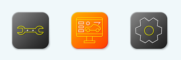 Poster - Set line Wrench spanner, Diagnostics condition of car and Gear icon. Vector