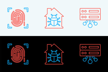 Poster - Set line Server, Data, Web Hosting, Fingerprint and House system bug icon. Vector