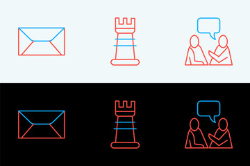 Poster - Set line Two sitting men talking, Envelope and Business strategy icon. Vector
