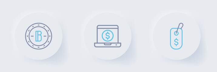 Poster - Set line Price tag with dollar, Laptop and Bitcoin icon. Vector