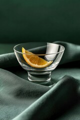 Sticker - Glass Bowl Holds Single Lemon Slice On Green Fabric