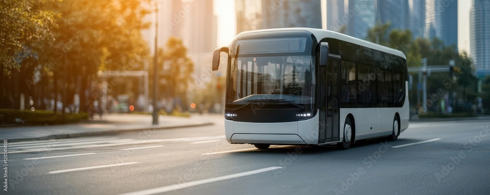 A modern city bus driving through an urban street during sunset. The ...