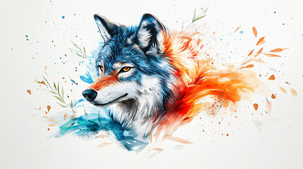 Expressive watercolor wolf with flowing strokes of blue, orange, and red, set against a clean white backdrop with nature-inspired accents.