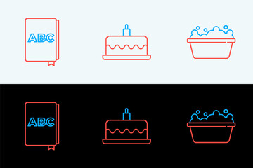Poster - Set line Baby bathtub, ABC book and Cake with burning candles icon. Vector
