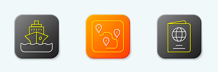 Poster - set line cruise ship, route location and passport icon. vector