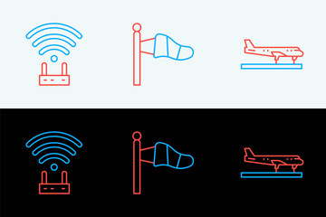 Poster - Set line Plane, Router and wi-fi signal and Cone meteorology windsock icon. Vector