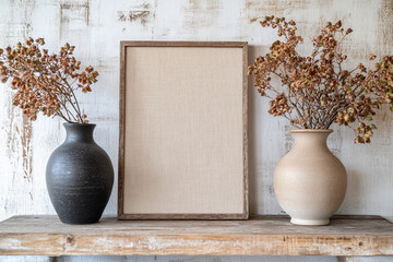 Poster - Empty photo frame with two vases of dried flowers on a wooden shelf against a textured wall