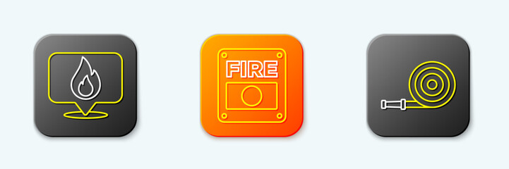 Poster - set line location with fire flame, fire alarm system and hose reel icon. vector