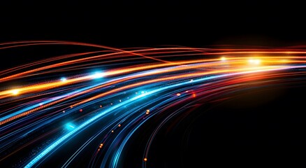 Poster - Representing the fast data transfer speeds in digital fiber optic network technology, which creates an abstraction through brightly colored lights that suggest an improved internet connection.