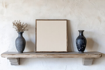 Poster - Blank photo frame with two vases of dried flowers on a wooden shelf against a textured white wall